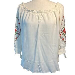 Democracy Floral Embroidered Top, Cold Shoulder, 3/4 Sleeve, Cream, size Small